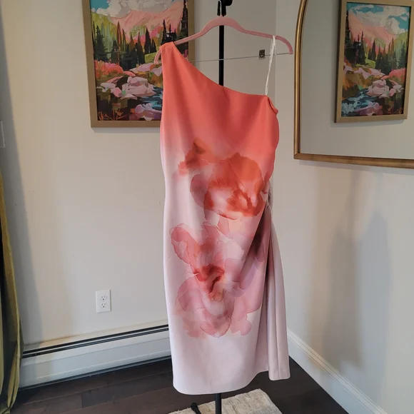 NWT DONNA KARAN Floral One Shoulder Sheat Dress Neoprene Size 14 - Picture 2 of 11